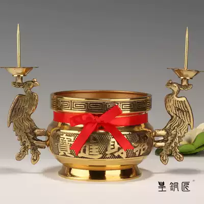 Pure Brass Double Phoenix double disc Zhao Cai Jin Bao Buddha light Buddhism supplies sacrificial supplies pure copper incense burner with Candlestick