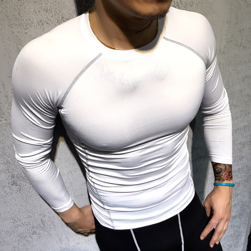 秋冬紧身衣男运动长袖T恤健身篮球跑步训练速干健身服圆领纯色