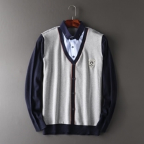 工厂剪标单 撞色拼接 商务休闲青年长袖衬衫领假两件薄款针织衫潮