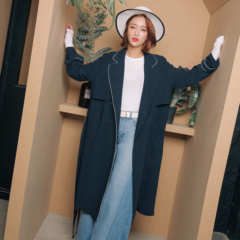 韩国stylenanda官方正品 干练款配色嵌边风衣-海军蓝色