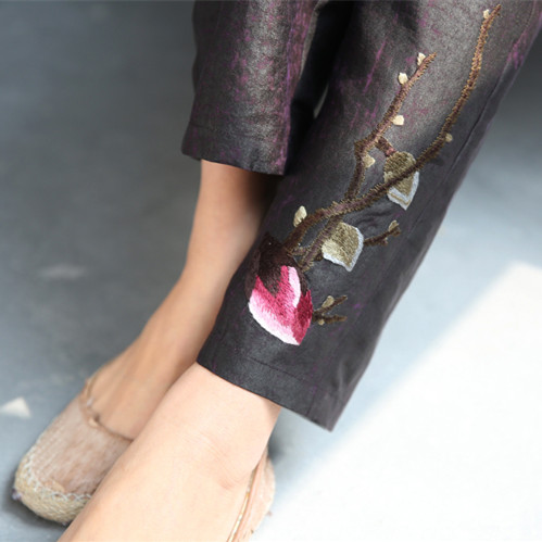 Zhu's original brand (timeless teenage girl) spring and summer new women's real silk scents cloud yarn embroidered trousers