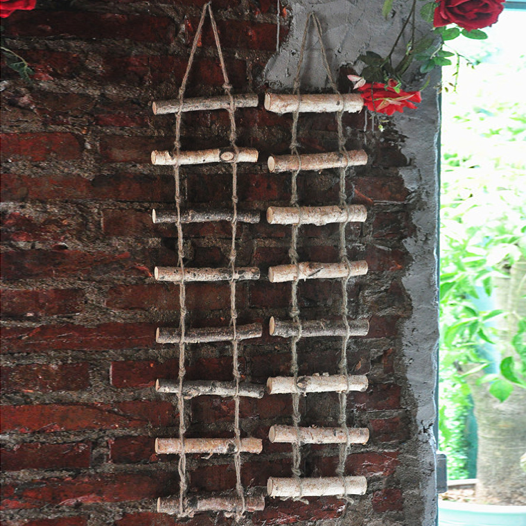 White Birch Wood Ladder Natural Retro Hemp Rope Solid Wood Decoration Hanging Decoration Zakka Wedding Celebration Shop Wall Wall Decoration