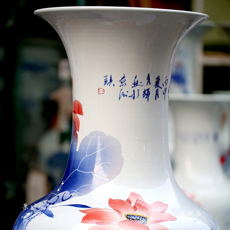 Fish for years have hand - made lotus Yu Hong lotus landing big vase jingdezhen ceramic household sitting room adornment furnishing articles