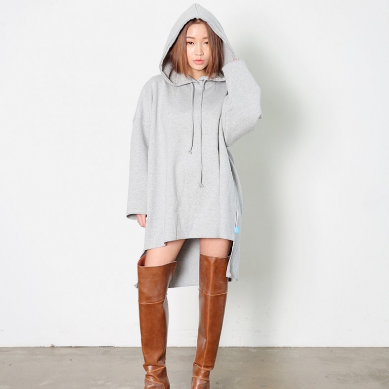 韩国stylenanda官方正品 休闲款连帽and高低摆宽松连衣裙-灰色