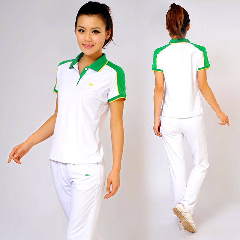 Turn-Down Collar T-Shirt Sports Suit for Women, Summer Short-Sleeve Long Pants, Slim Fit, Quick-Dry, Breathable, Sweat-Wicking, White Student School Uniform