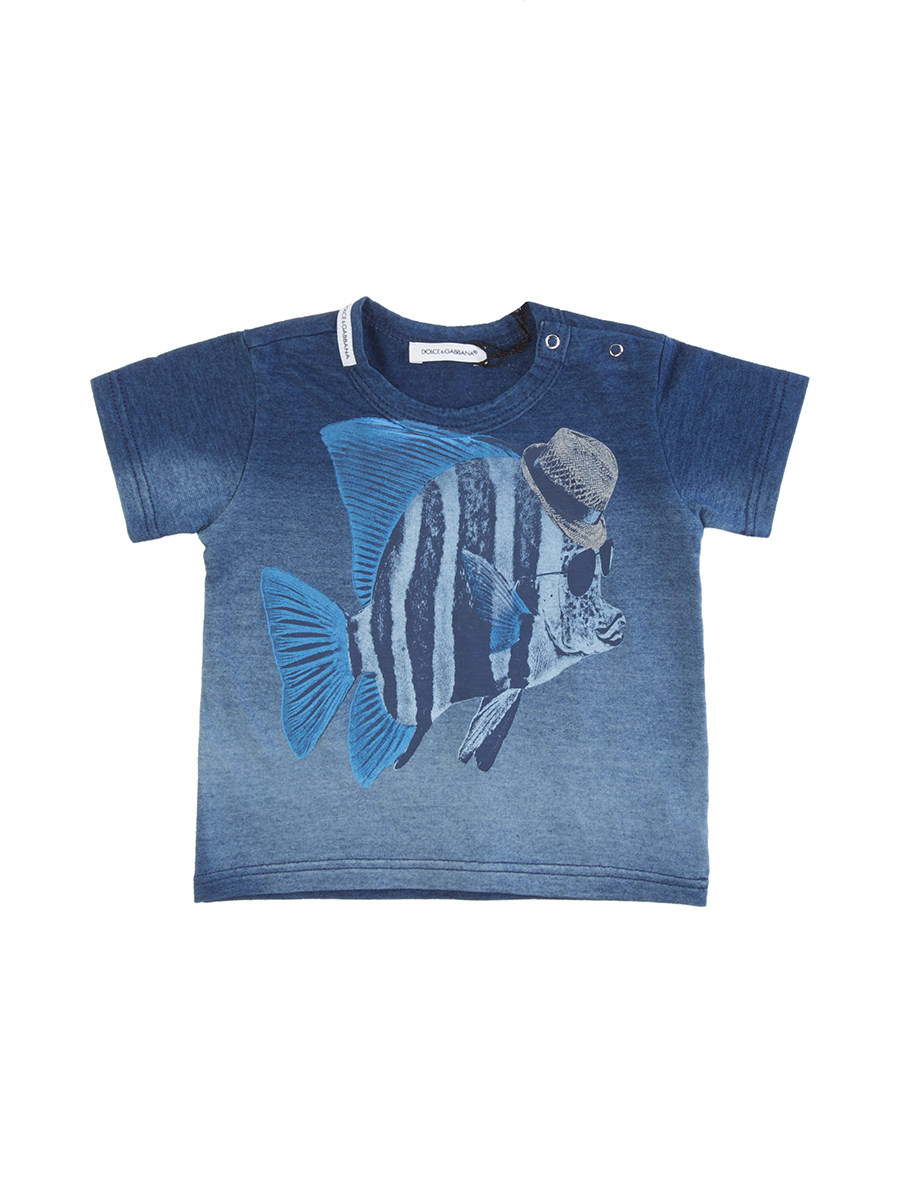 Dolce&Gabbana 蓝色渐变卡通鱼圆领T恤