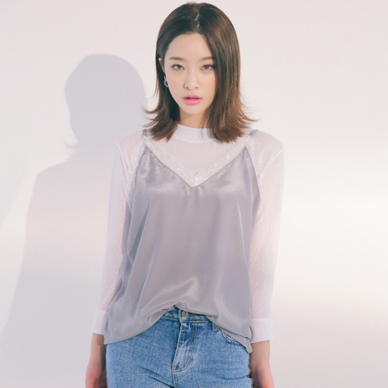 韩国stylenanda官方正品 唯美蕾丝拼接光泽感吊带式背心-灰色