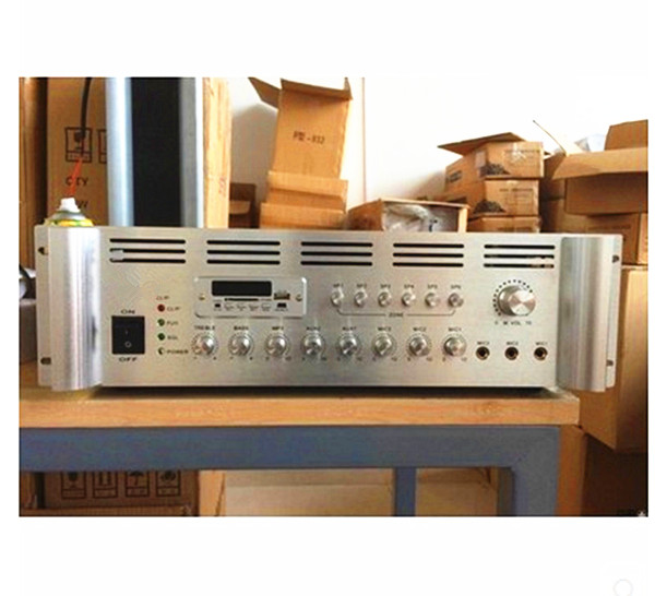 1500W high-power 8-zone public broadcasting constant pressure power amplifier connected to ceiling speakers wall-mounted sound column plugged into U disk for playback