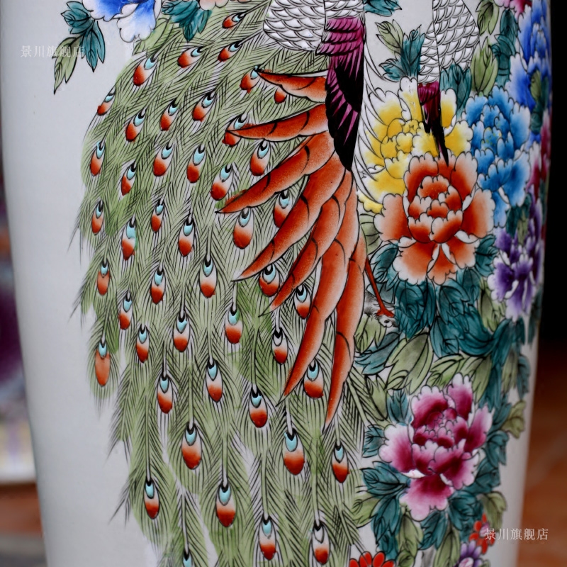 Jingdezhen ceramics hand - made pastel color peacock peony hotel furnishing articles home sitting room of large vase