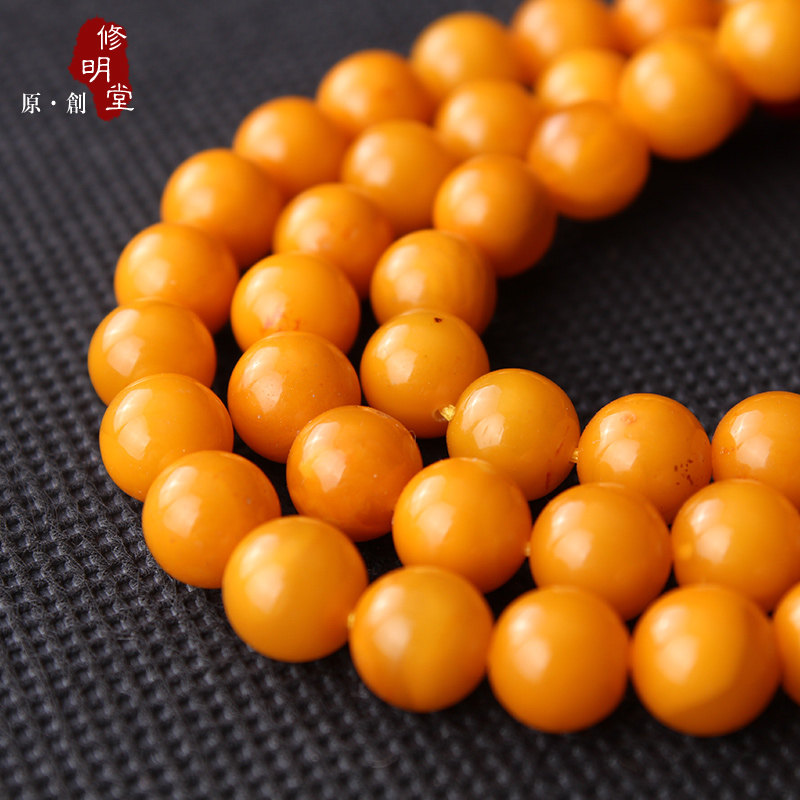 修明堂 开光天然琥珀原石蜜蜡手链鸡油黄108颗佛珠老蜜蜡手串男女