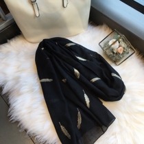 Korean version of the wild bright silk embroidery feather cotton linen shawl Womens spring and autumn travel silk scarf Gauze air conditioning black scarf