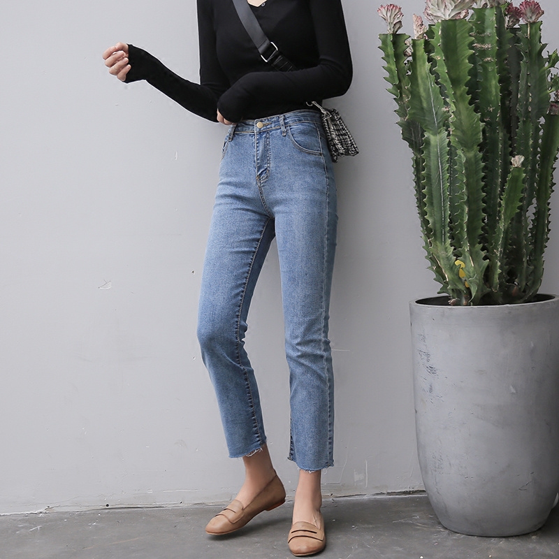 EKOOL弹力高腰显瘦牛仔裤韩版秋季简约直筒裤显瘦九分裤大码女裤