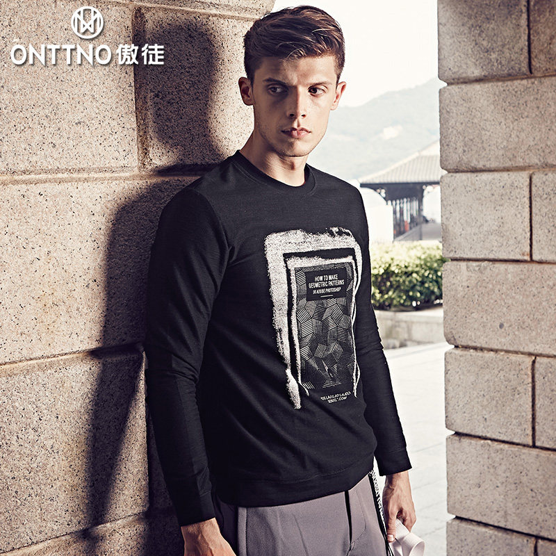 几何印花长袖T恤 傲徒秋冬新款休闲圆领韩版青年修身体恤潮