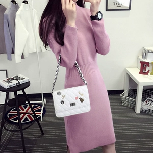 Áo len nữ mùa thu và mùa đông Hàn Quốc phiên bản của dài tay lỏng vòng cổ áo thun knit váy coat dài dress dày mùa đông