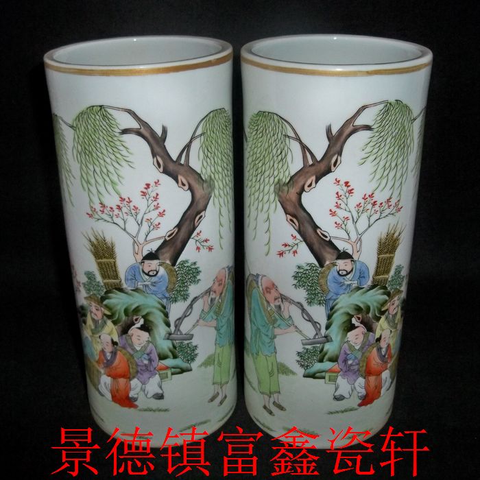Jingdezhen Cultural Revolution Factory goods Porcelain Powder Color Hand-painted Phnom Penh Fishing and Fishing and Reading Hat Cylinder Painting and Calligraphy Cylinder Bag old Baozhen