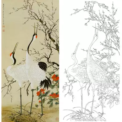 Gongbi painting white sketch background draft Plum blossom crane Chen Zhifo physical print draft 66*132 with color pattern 127T