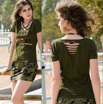 Green Equipment Military Fans Outdoor Army Green T-shirt Square Dance Water Soldier Dance T-Shirt Pure Cotton Blouse Women Short Sleeve Big Code