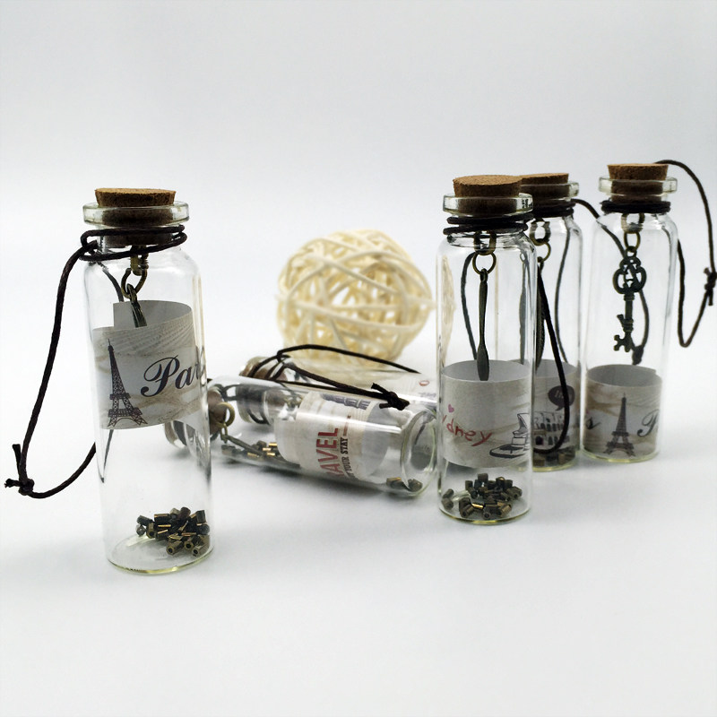 Set of 12 stylish vintage metal charm wishing bottle gift wooden stopper Glass bottle creative birthday gift