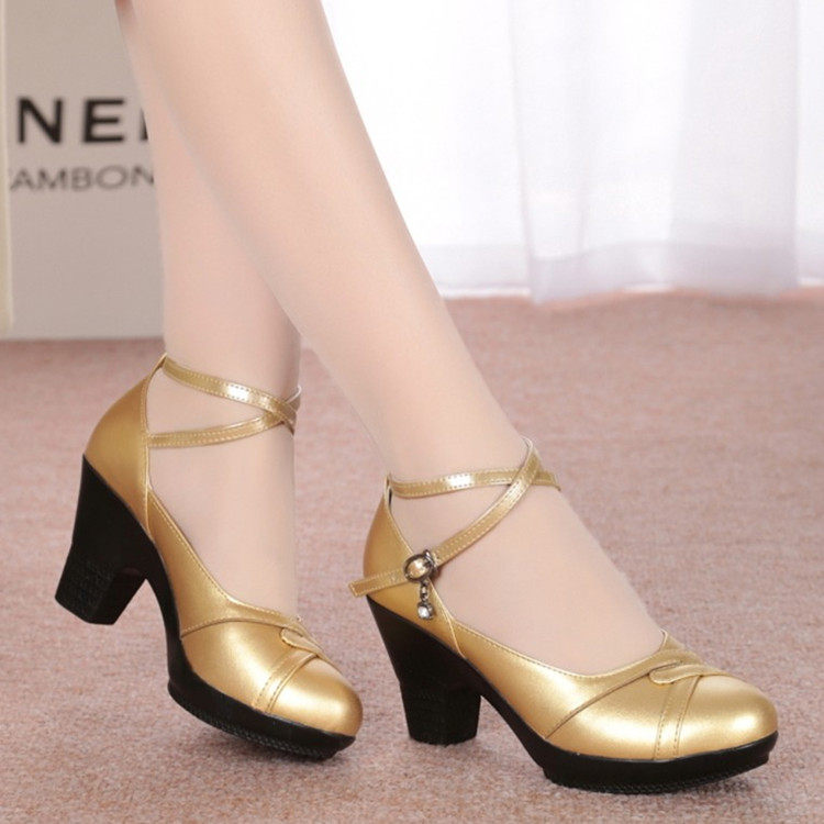 Leather high-heeled waterproof platform single shoes women's thick-heeled dancing shoes square dance shoes women's three-step chacha shoes