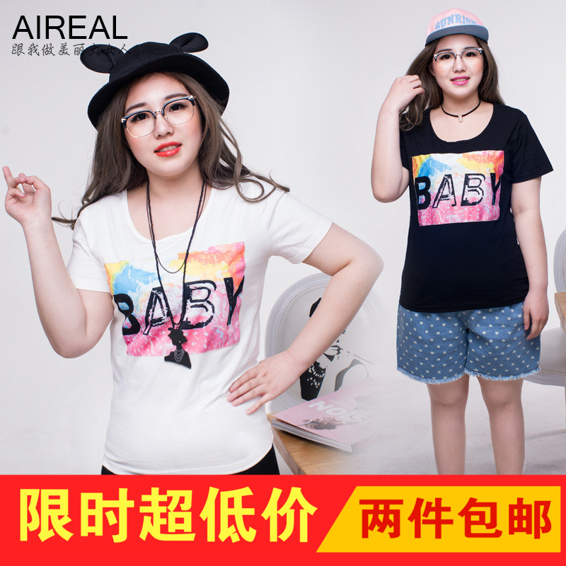 2017夏新款胖mm特大码女装200斤加肥加大黑白印花babyT恤显瘦