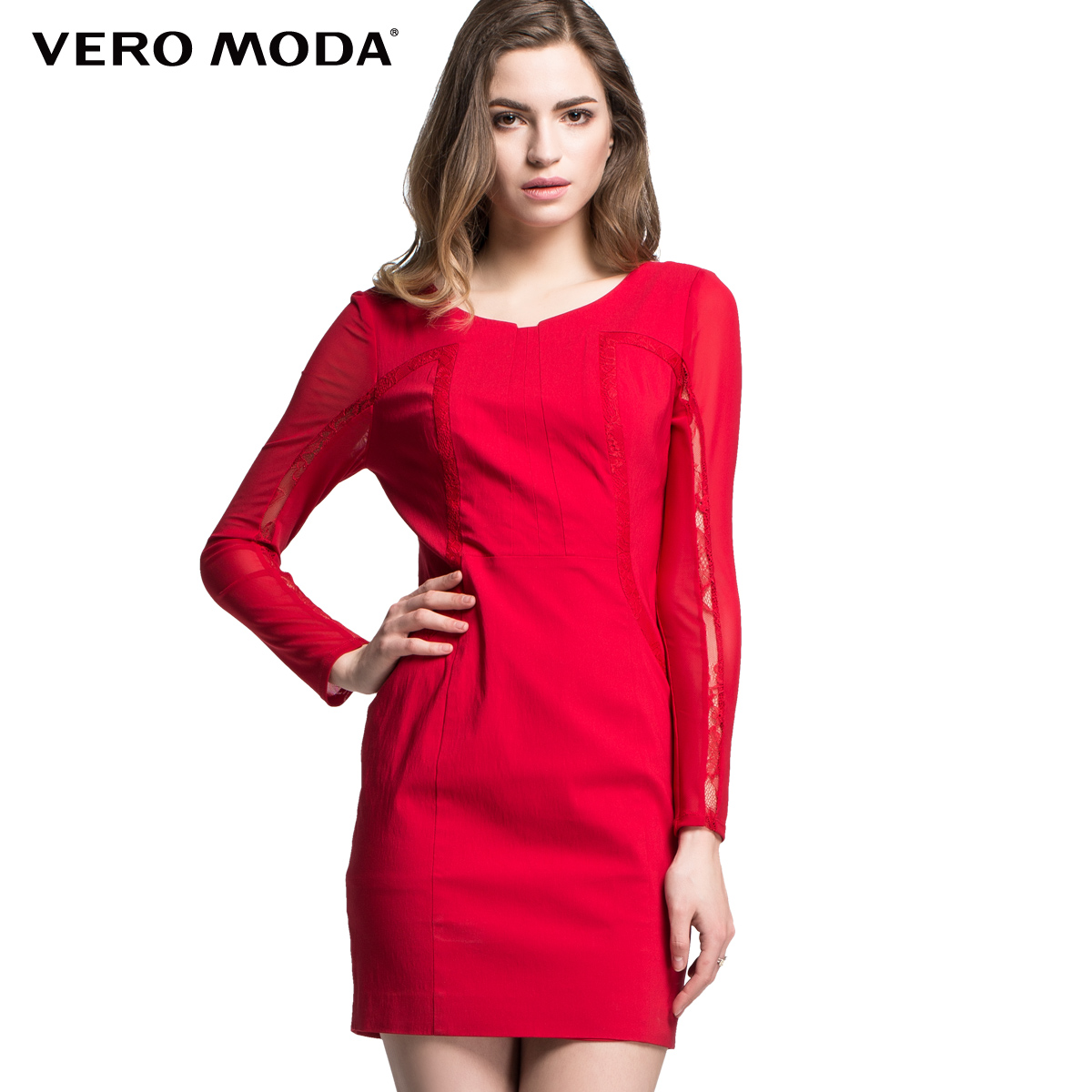 Vero Moda弹力针织透视圆领深V蕾丝连衣裙315107002