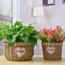 Straw flower basket indoor desktop decoration green plant pot pastoral handmade rattan multi-meat flower creative green flower pot