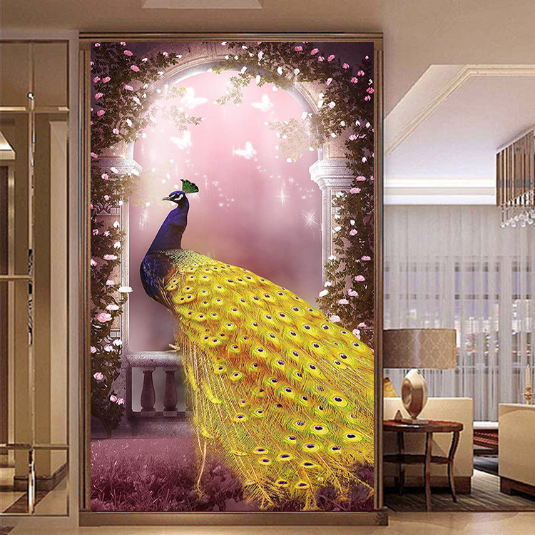 New 5d diamond painting full diamond embroidery entrance vertical version gold peacock European style full diamond cross stitch living room bedroom