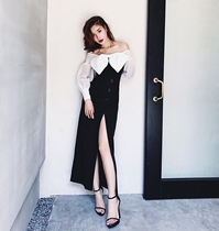 Ye Xiaoxian one-shoulder birthday party reception black lady retro evening dress annual meeting host dress dress