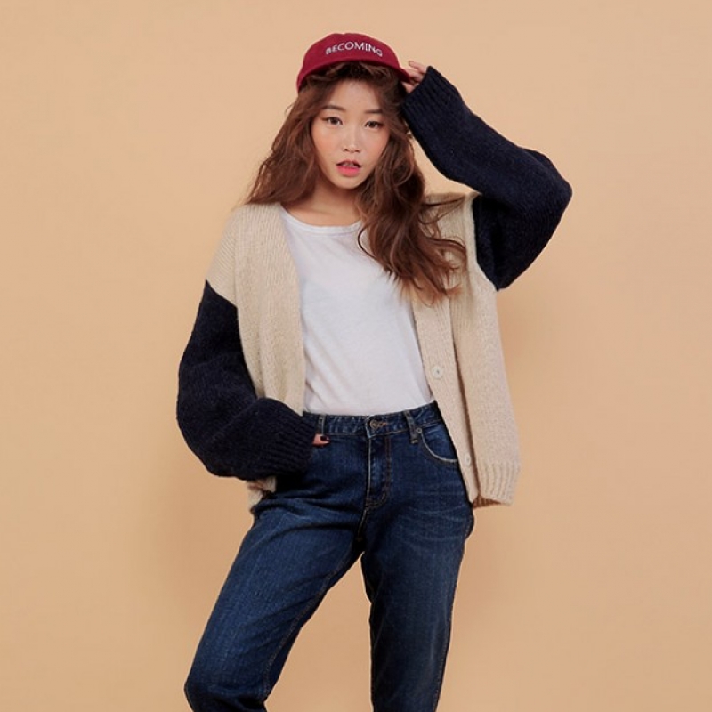 韩国stylenanda官方正品 时尚款配色衣袖V领针织开衫-海军蓝色