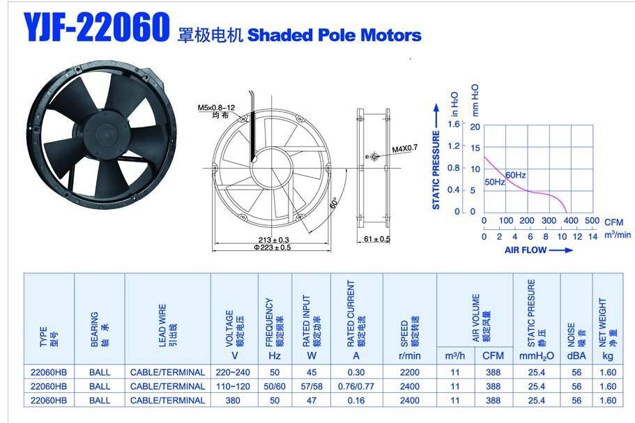Hangzhou micro-light brand cover extreme electricity YJF22060 HB 220V refrigeration accessories shaded plle motors