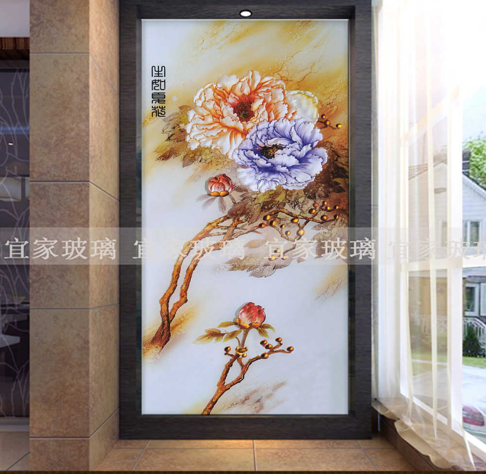 Shanghai art glass TV background wall porch hallway background restaurant painting rich peony modern wind