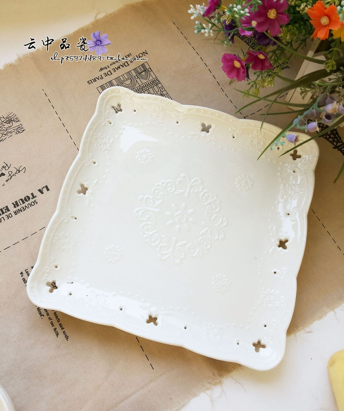 Clearance European-Style Tableware, Milk-White Lace Embossed Ceramic Square Pasta Tray, Can Be Paired with Dessert Square Bowls and Plates