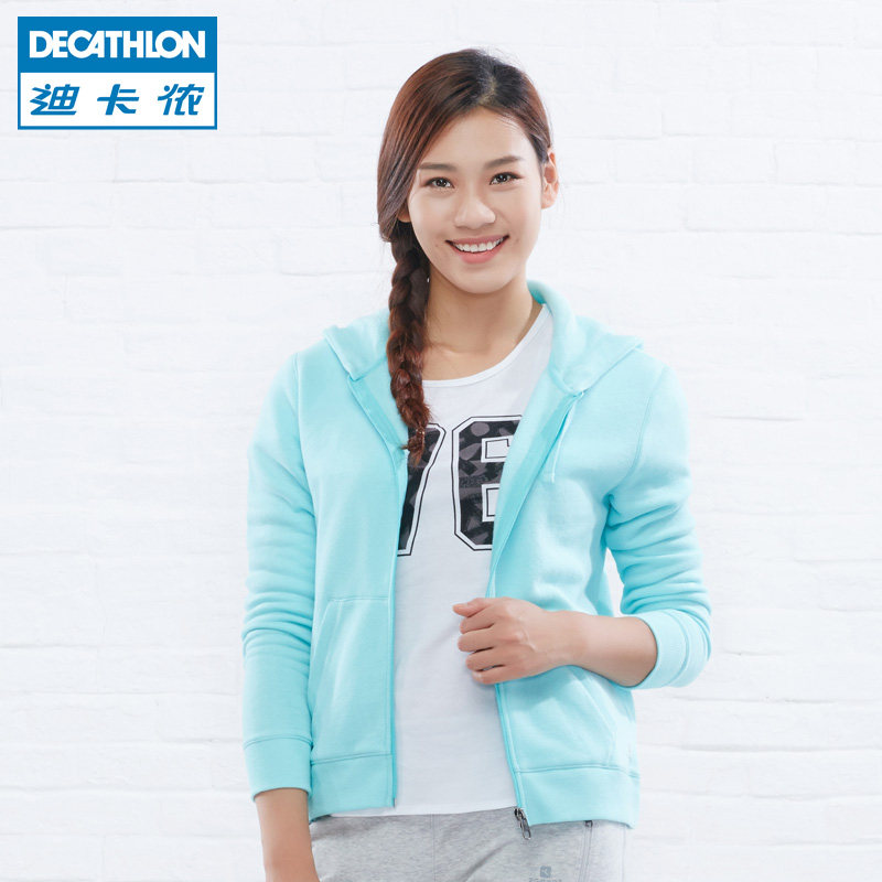 迪卡侬 运动外套 女春健身休闲加绒棉质纯色连帽拉链衫 DOMYOS WA