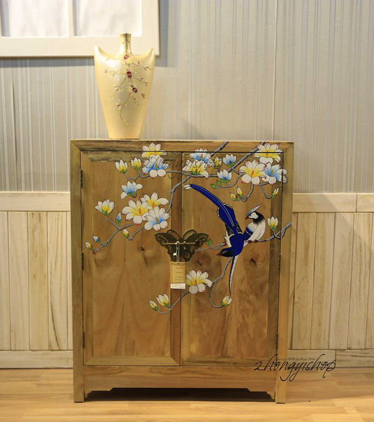 Modern new Chinese hand-painted camphor wood furniture double-door cabinet shoe cabinet porch cabinet storage cabinet hand-painted magnolia flower
