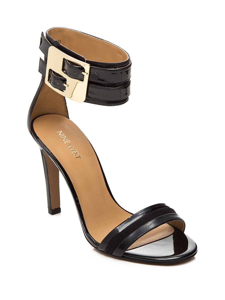 Nine West/玖熙 黑色一字带金属袢带高跟凉鞋