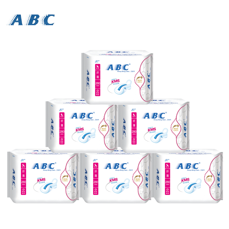 ABC卫生巾纯棉柔防侧漏纤薄8片*6包夜用