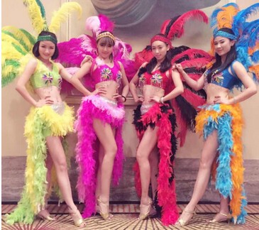 Stunning Opening Dance Performance Feather Costumes, Feather Headpieces, Ostrich Feather Back Panels, Dance Team Outfits, Samba Dance Costumes