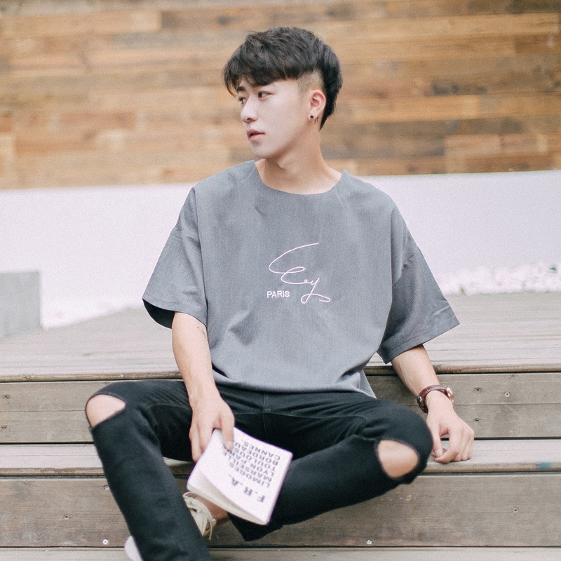 欧美简约蝙蝠袖掉肩款刺绣字母男士短袖T恤夏季潮男宽松圆领半袖