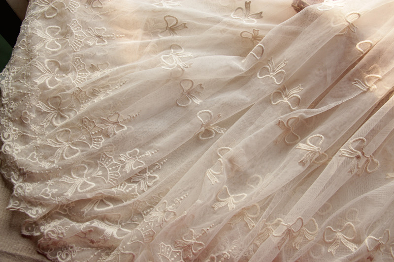 Japanese single double embroidery mesh fabric Lace bow fabric diy fabric Beige wide 1 25 meters special price