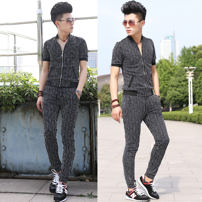 2021 men's summer suits Korean version of trousers cardigan men's sweat pants thick cotton T short-sleeved men's slim fashion striped suit tide