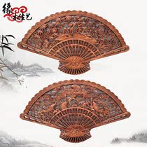  Chinese decoration camphor wood Dongyang wood carving pendant fan hollow fan entrance wall decoration peony fish 100*60
