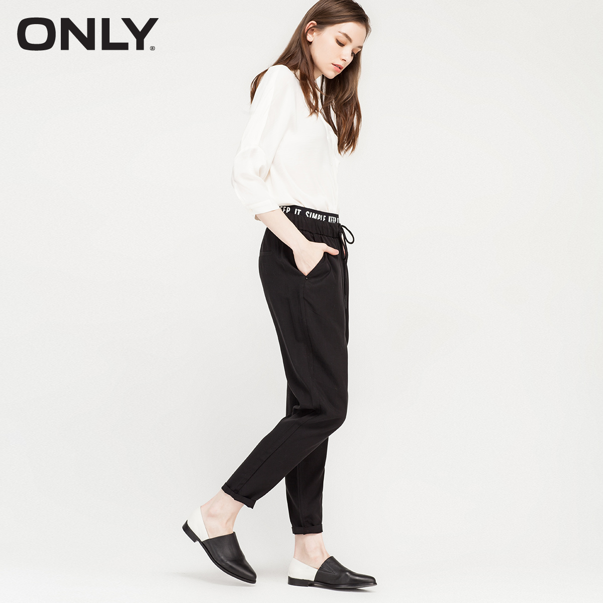 ONLY2016夏装新品天丝宽松字母装饰九分休闲裤女T|116250006