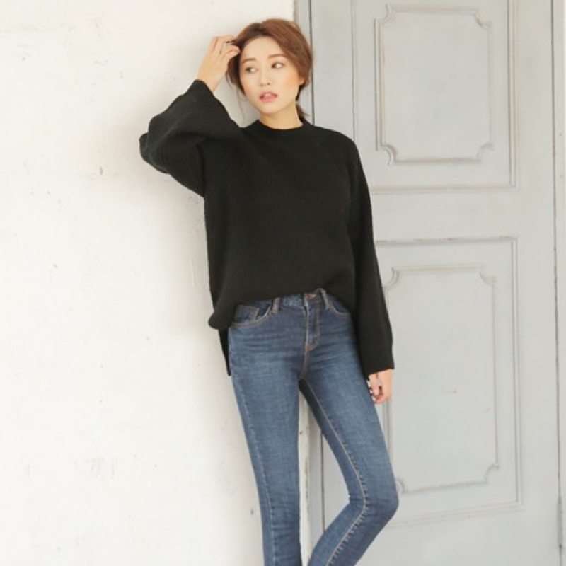 韩国stylenanda官方正品 优雅纯色插肩袖针织衫-黑色