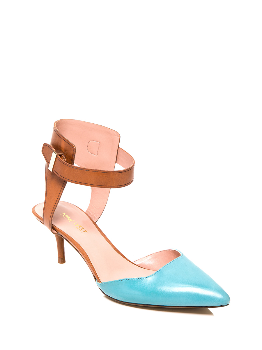 Nine West/玖熙 蓝棕拼色襻带尖头低跟鞋