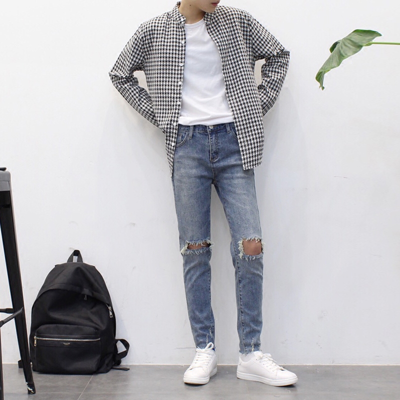 iFashion秋季林弯弯休闲修身韩国款千鸟格子衬衫男女长袖衬衣外套