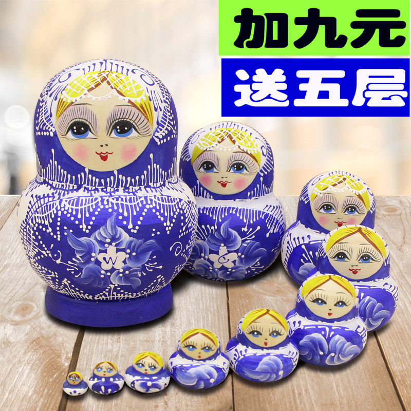 Matryoshka Russia 10-layer imported pure end wood ten-layer pure hand-painted blue and white dot pattern children's gift 02