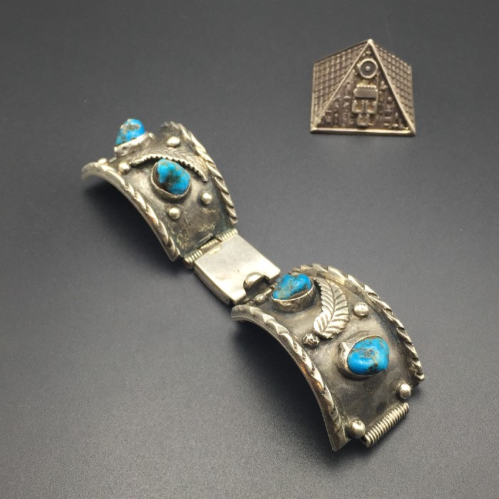 Western vintage silver accessories 1960s North American Indian natural green pine stone 925 pure silver hand watch cingulum silver mark