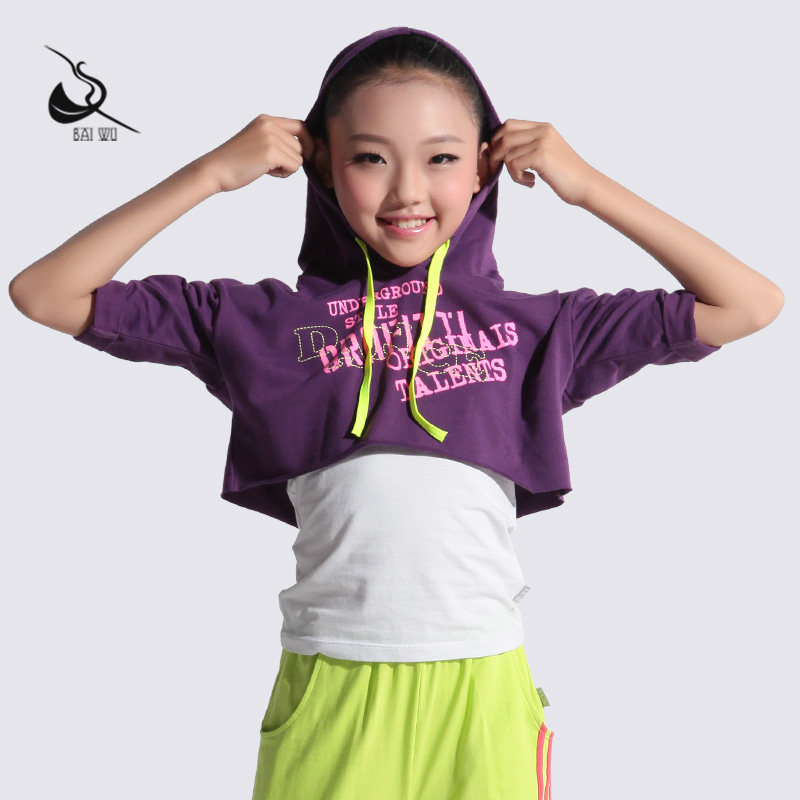 Kashiwa House Dance New Kids Jazz Dance Hood top Loose short sleeves hip-hop hooded girl pull over