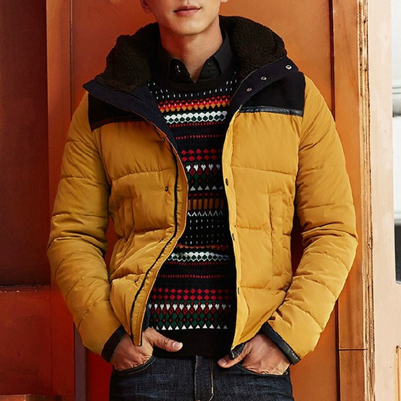 P triều thương hiệu mùa đông mới phong cách Hồng Kông thanh niên Phiên bản Hàn Quốc của áo khoác tự trồng màu vàng có mũ trùm đầu dày ấm áp nam giới - Bông
