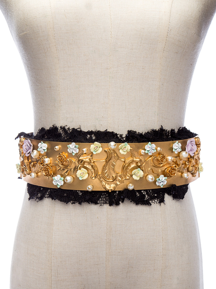 Dolce&Gabbana 彩花拼黑蕾丝边金色宽腰带